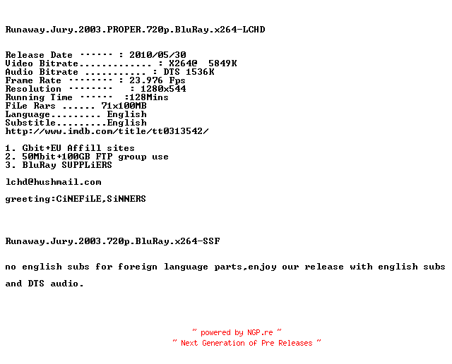 NFO for the release Runaway.Jury.2003.PROPER.720p.BluRay.x264-LCHD by LCHD