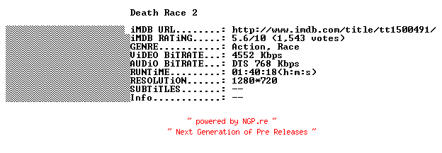 NFO for the release Death.Race.2.2010.STV.FRENCH.720p.BluRay.x264-THENiGHTMAREiNHD by THENiGHTMAREiNHD