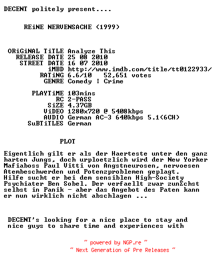 NFO for the release Reine.Nervensache.1999.German.AC3.720p.BluRay.x264-DECENT by DECENT