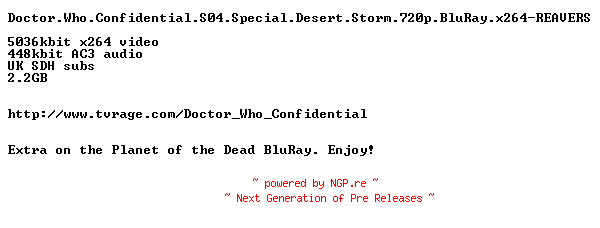NFO for the release Doctor.Who.Confidential.S04.Special.Desert.Storm.720p.BluRay.x264-REAVERS by REAVERS
