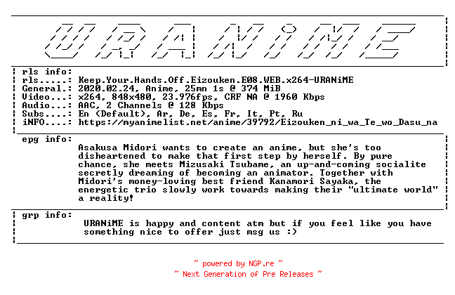 NFO for the release Keep.Your.Hands.Off.Eizouken.E08.WEB.x264-URANiME by URANiME