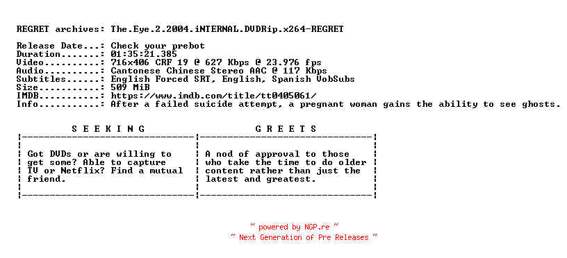 NFO for the release The.Eye.2.2004.iNTERNAL.DVDRip.x264-REGRET by REGRET