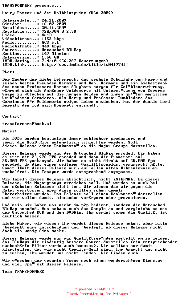 NFO for the release Harry.Potter.und.der.Halbblutprinz.German.AC3.BDRip.XviD.READ.NFO-TRANSFORMERS by TRANSFORMERS