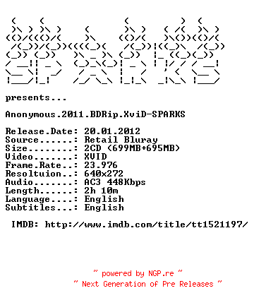 NFO for the release Anonymous.2011.BDRip.XviD-SPARKS by SPARKS