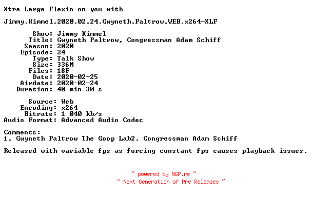 NFO for the release Jimmy.Kimmel.2020.02.24.Gwyneth.Paltrow.WEB.x264-XLF by XLF
