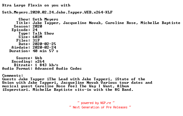 NFO for the release Seth.Meyers.2020.02.24.Jake.Tapper.WEB.x264-XLF by XLF