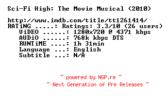NFO for the release Sci-Fi.High.The.Movie.Musical.2010.720p.BluRay.x264-MELiTE by MELiTE