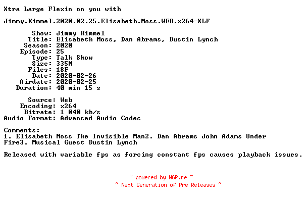 NFO for the release Jimmy.Kimmel.2020.02.25.Elisabeth.Moss.WEB.x264-XLF by XLF