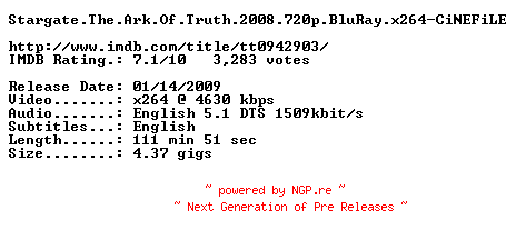 NFO for the release Stargate.The.Ark.Of.Truth.2008.720p.BluRay.x264-CiNEFiLE by CiNEFiLE