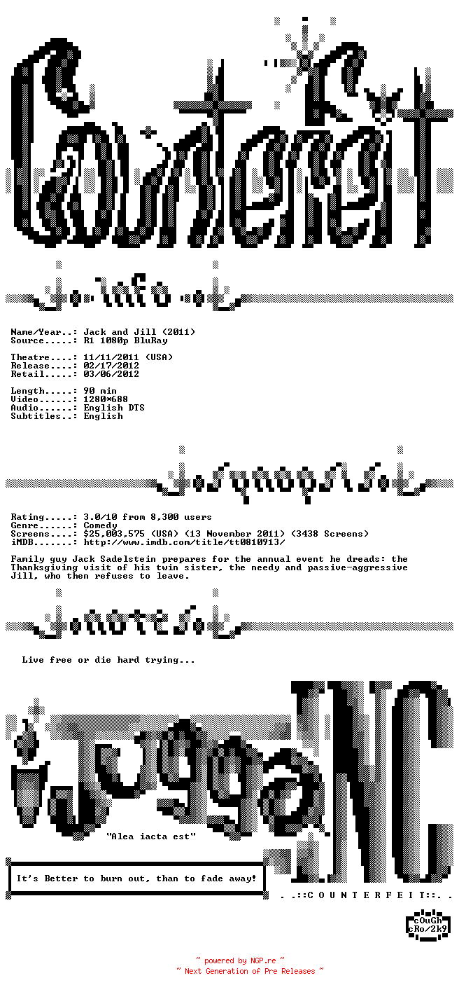 NFO for the release Jack.and.Jill.2011.720p.BluRay.x264-Counterfeit by Counterfeit
