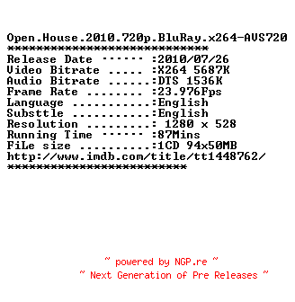 NFO for the release Open.House.2010.720p.BluRay.x264-AVS720 by AVS720