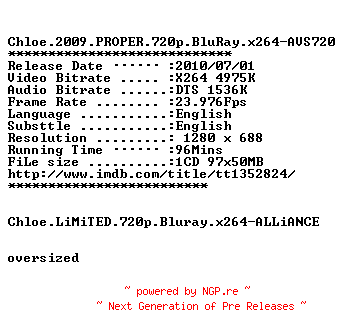 NFO for the release Chloe.2009.PROPER.720p.BluRay.x264-AVS720 by AVS720
