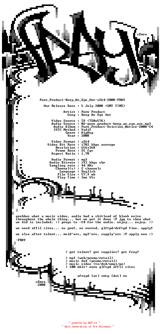 NFO for the release Pure_Product-Keep_An_Eye_Out-x264-2008-FRAY by FRAY