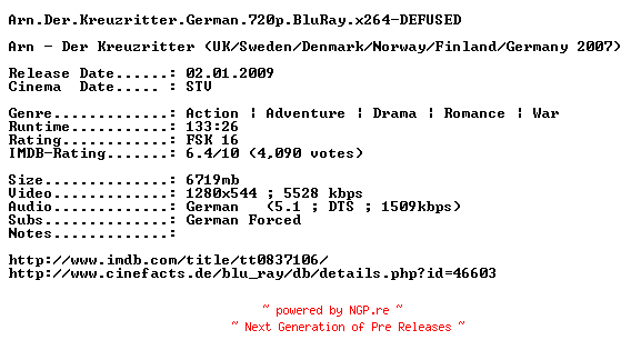 NFO for the release Arn.Der.Kreuzritter.German.720p.BluRay.x264-DEFUSED by DEFUSED