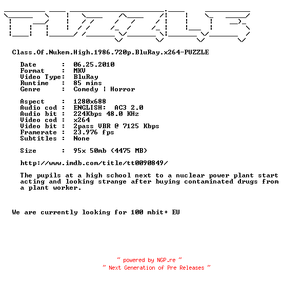NFO for the release Class.Of.Nukem.High.1986.720p.BluRay.x264-PUZZLE by PUZZLE