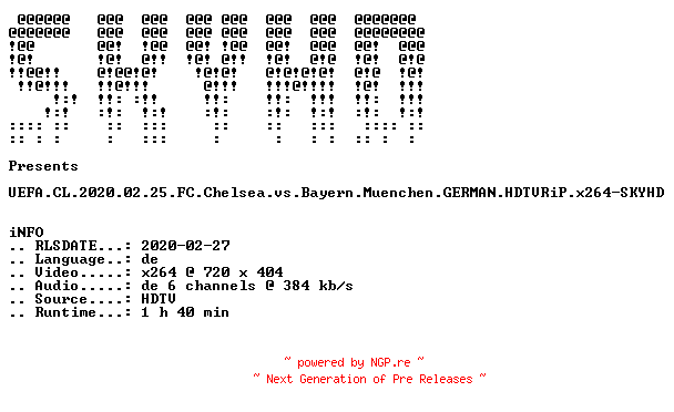 NFO for the release UEFA.CL.2020.02.25.FC.Chelsea.vs.Bayern.Muenchen.GERMAN.HDTVRiP.x264-SKYHD by SKYHD