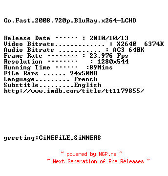 NFO for the release Go.Fast.2008.720p.BluRay.x264-LCHD by LCHD