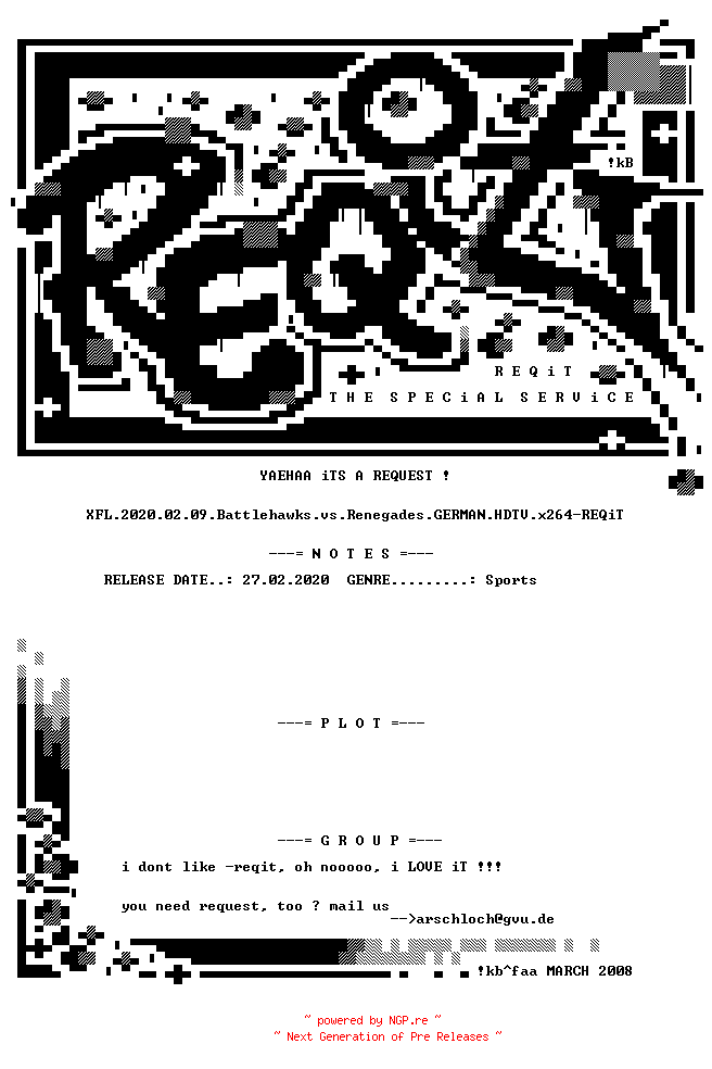 NFO for the release XFL.2020.02.09.Battlehawks.vs.Renegades.GERMAN.HDTV.x264-REQiT by REQiT