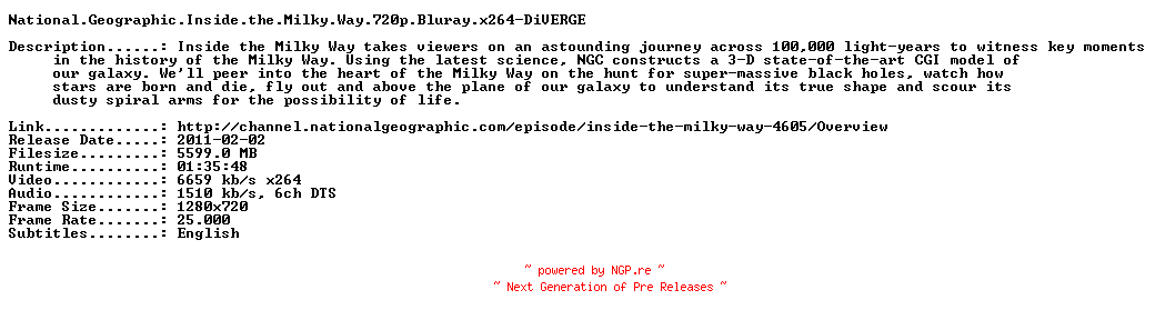 NFO for the release National.Geographic.Inside.the.Milky.Way.720p.Bluray.x264-DiVERGE by DiVERGE