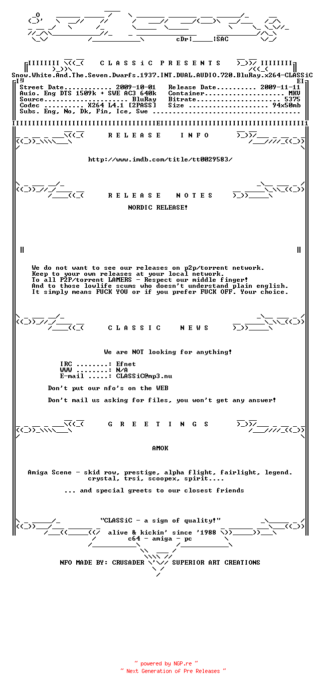 NFO for the release Snow.White.And.The.Seven.Dwarfs.1937.INT.DUAL.AUDIO.720.BluRay.x264-CLASSiC by CLASSiC