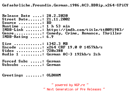 NFO for the release Gefaehrliche.Freundin.German.1986.AC3.BDRip.x264-SPiCY by SPiCY