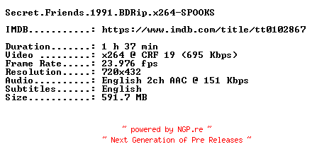 NFO for the release Secret.Friends.1991.BDRip.x264-SPOOKS by SPOOKS