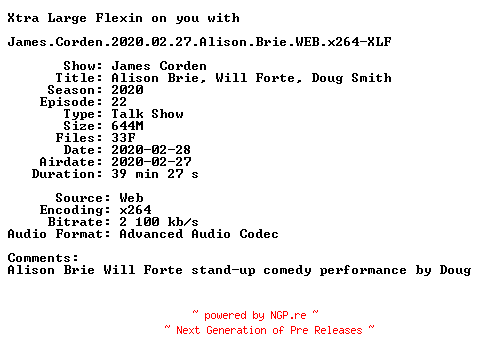 NFO for the release James.Corden.2020.02.27.Alison.Brie.WEB.x264-XLF by XLF