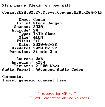NFO for the release Conan.2020.02.27.Steve.Coogan.WEB.x264-XLF by XLF