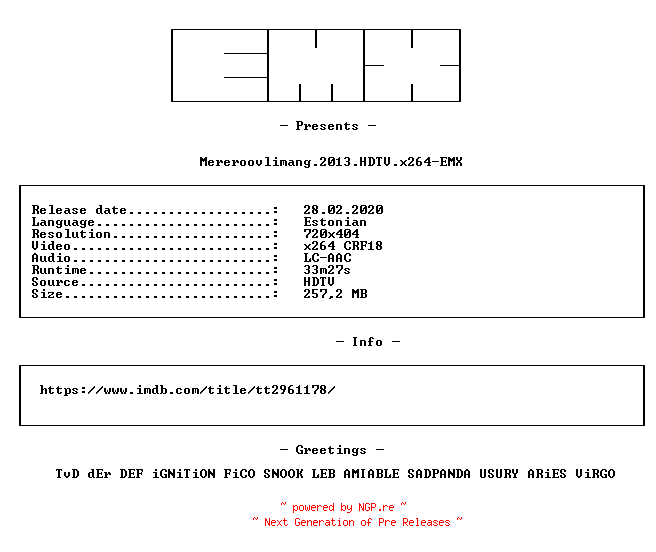 NFO for the release Mereroovlimang.2013.HDTV.x264-EMX by EMX