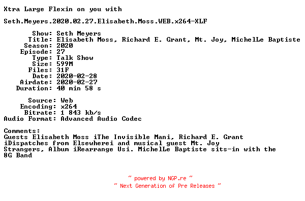 NFO for the release Seth.Meyers.2020.02.27.Elisabeth.Moss.WEB.x264-XLF by XLF