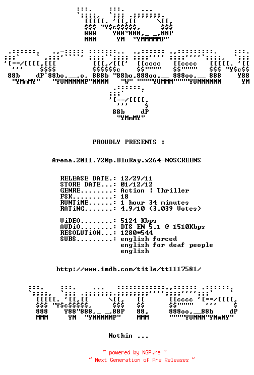 NFO for the release Arena.2011.720p.BluRay.x264-NOSCREENS by NOSCREENS