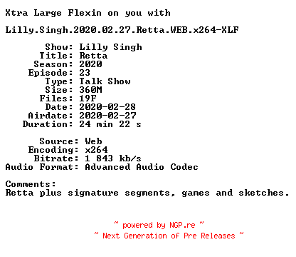 NFO for the release Lilly.Singh.2020.02.27.Retta.WEB.x264-XLF by XLF