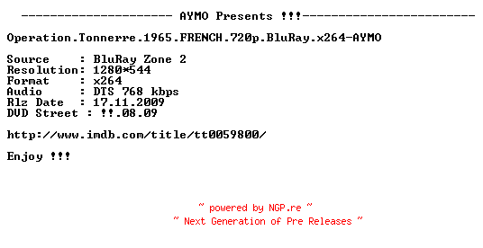 NFO for the release Operation.Tonnerre.1965.FRENCH.720p.BluRay.x264-AYMO by AYMO