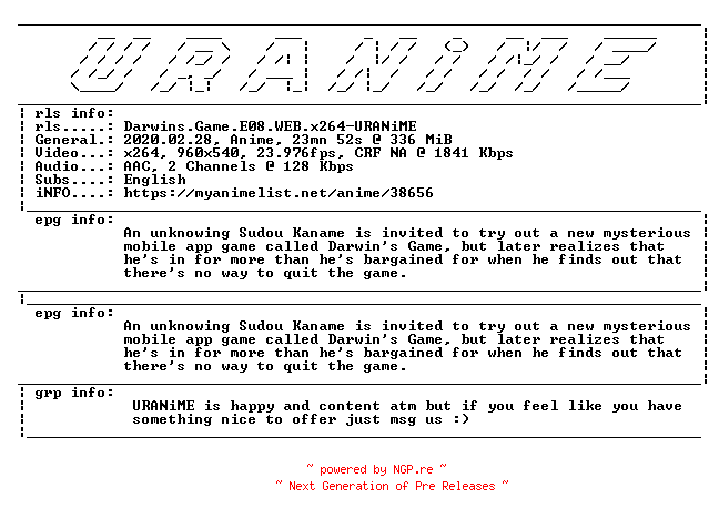 NFO for the release Darwins.Game.E08.WEB.x264-URANiME by URANiME