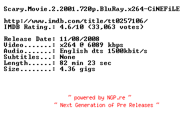 NFO for the release Scary.Movie.2.2001.720p.BluRay.x264-CiNEFiLE by CiNEFiLE