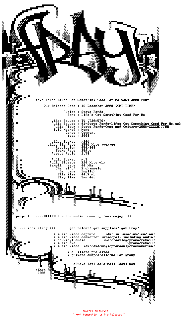 NFO for the release Steve_Forde-Lifes_Got_Something_Good_For_Me-x264-2008-FRAY by FRAY