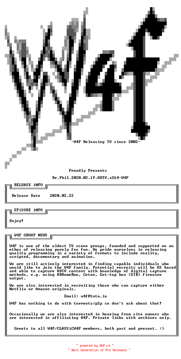 NFO for the release Dr.Phil.2020.02.19.HDTV.x264-W4F by W4F