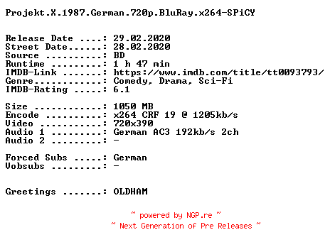 NFO for the release Projekt.X.German.1987.AC3.BDRip.x264-SPiCY by SPiCY