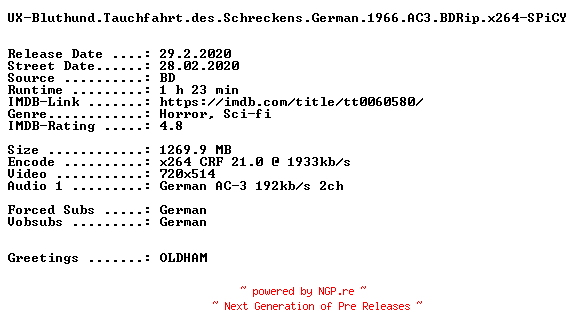 NFO for the release UX-Bluthund.Tauchfahrt.des.Schreckens.German.1966.AC3.BDRip.x264-SPiCY by SPiCY
