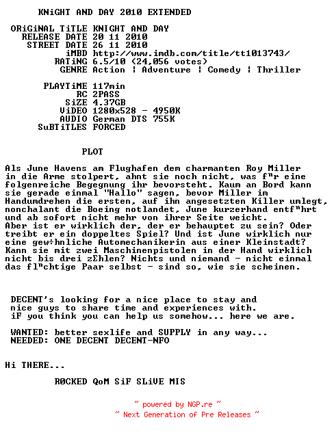 NFO for the release Knight.and.Day.Extended.Cut.German.720p.BluRay.x264-DECENT by DECENT