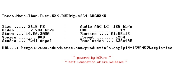 NFO for the release Rocco.More.Than.Ever.XXX.DVDRip.x264-SUCKXXX by SUCKXXX