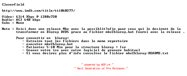 NFO for the release Cloverfield.READNFO.720p.FRENCH.BluRay.x264-ForceBleue by ForceBleue