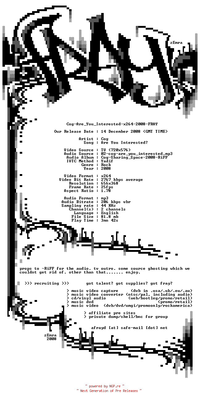 NFO for the release Cog-Are_You_Interested-x264-2008-FRAY by FRAY
