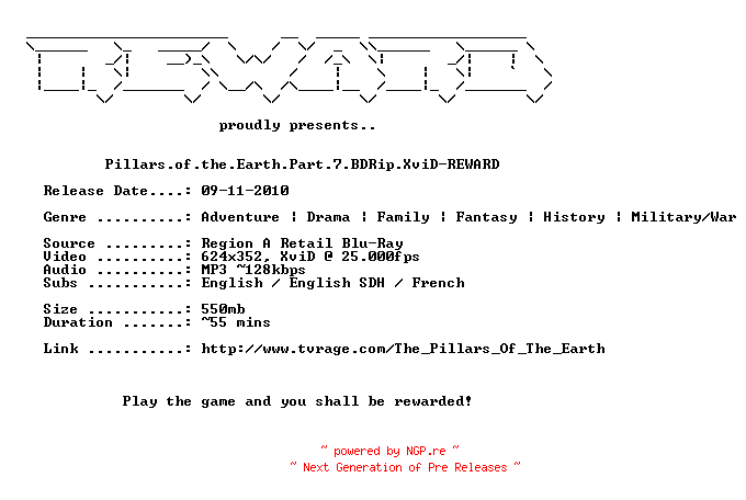 NFO for the release Pillars.of.the.Earth.Part.7.BDRip.XviD-REWARD by REWARD