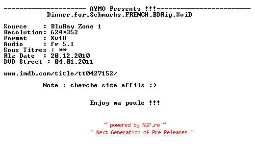 NFO for the release Dinner.for.Schmucks.FRENCH.BDRip.XviD-AYMO by AYMO