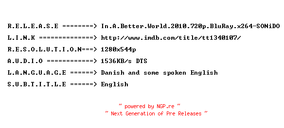 NFO for the release In.A.Better.World.2010.720p.BluRay.x264-SONiDO by SONiDO
