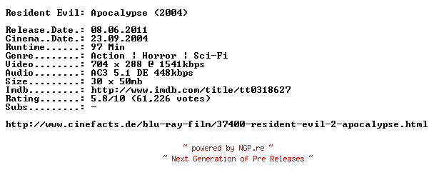 NFO for the release Resident.Evil.Apocalypse.Extended.Version.German.2004.AC3.BDRip.XviD.INTERNAL-ARC by ARC