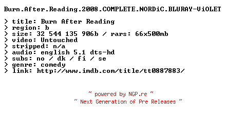 NFO for the release Burn.After.Reading.2008.COMPLETE.NORDiC.BLURAY-ViOLET by ViOLET