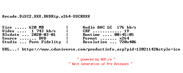 NFO for the release Arcane.DiSC2.XXX.DVDRip.x264-SUCKXXX by SUCKXXX