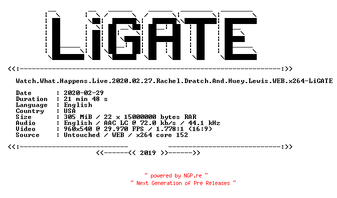 NFO for the release Watch.What.Happens.Live.2020.02.27.Rachel.Dratch.And.Huey.Lewis.WEB.x264-LiGATE by LiGATE